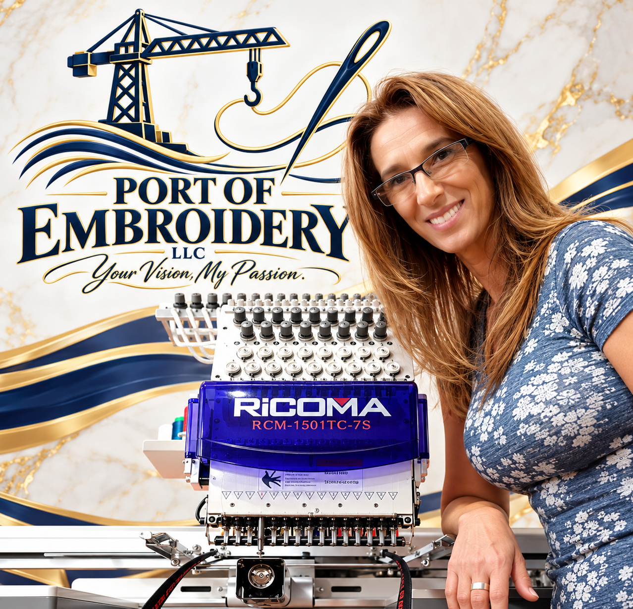 Vera of Port of Embroidery with embroidery machine and Port of Embroidery logo